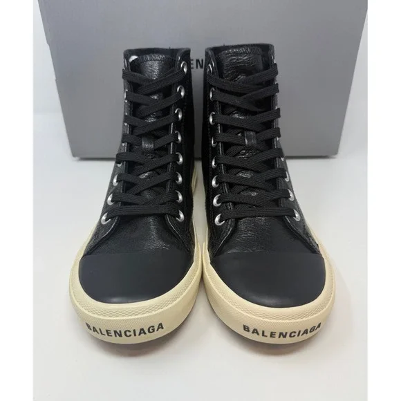 Balenciaga Paris High Top Sneaker Black Leather Size 7 US 40 EU - Picture 2 of 7